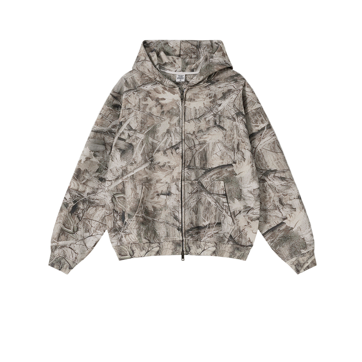 men branch camo zip hoodie flat lay, fleece-lined streetwear