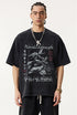 Model faces forward in "Breakthrough" tee with koi and bold text.