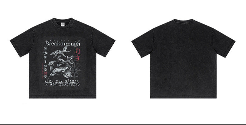 Product display of front and back of vintage black "Breakthrough" tee.