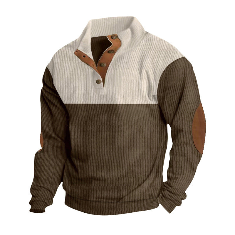 brown and beige corduroy button sweatshirt for men with patches