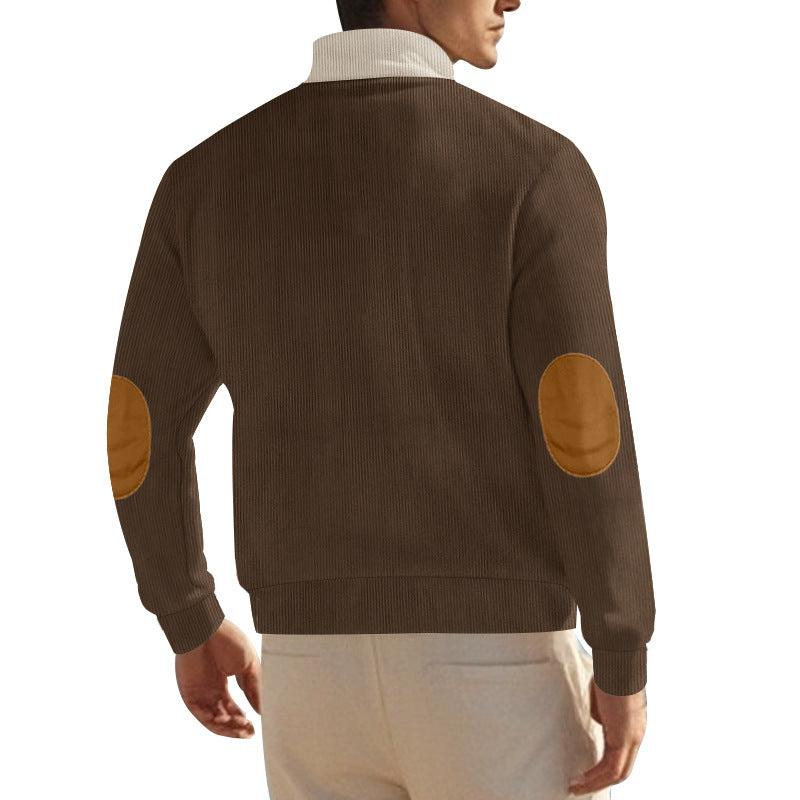 brown and beige corduroy button sweatshirt for men back view.