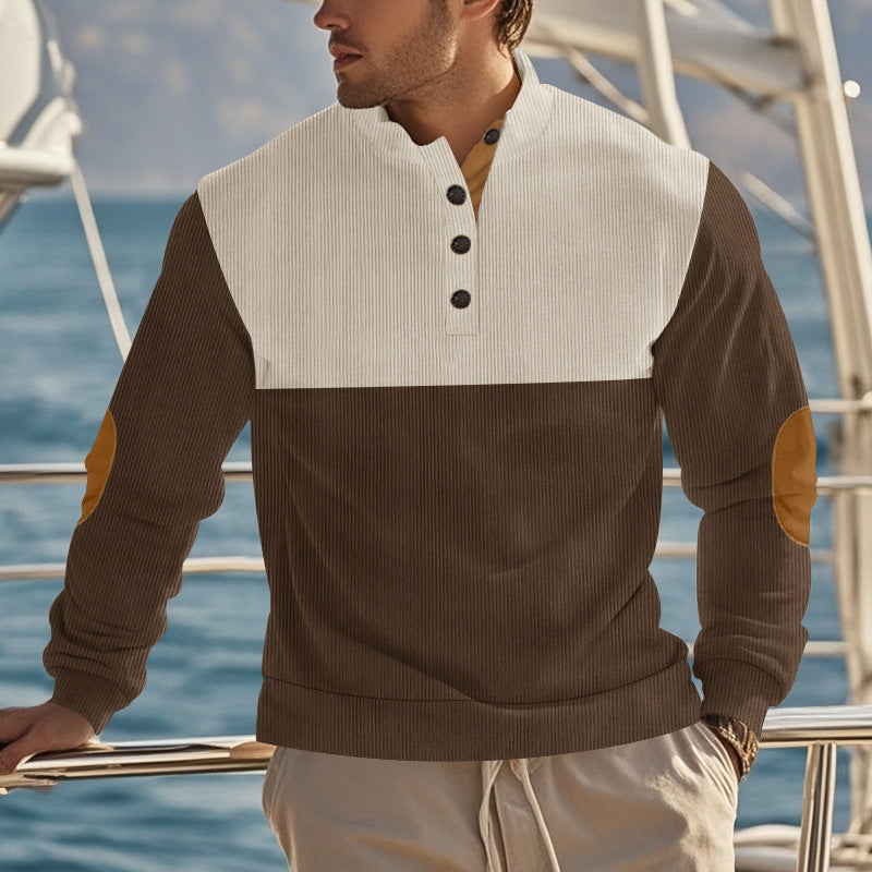 brown and beige corduroy button sweatshirt for men outdoor front