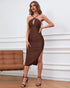 Brown bodycon midi dress with halter cut-out neckline and mid-waist fit in full-length front pose.