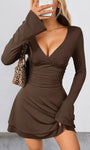 brown deep v long sleeve mini dress with ruched waist front view