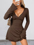 brown deep v long sleeve mini dress with ruched waist front view