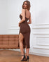 Side view of brown halter neck bodycon midi dress with front cut-out and thigh-high slit.
