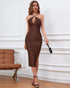 Brown halter cut-out bodycon midi dress with sleeveless design and side slit in front view.