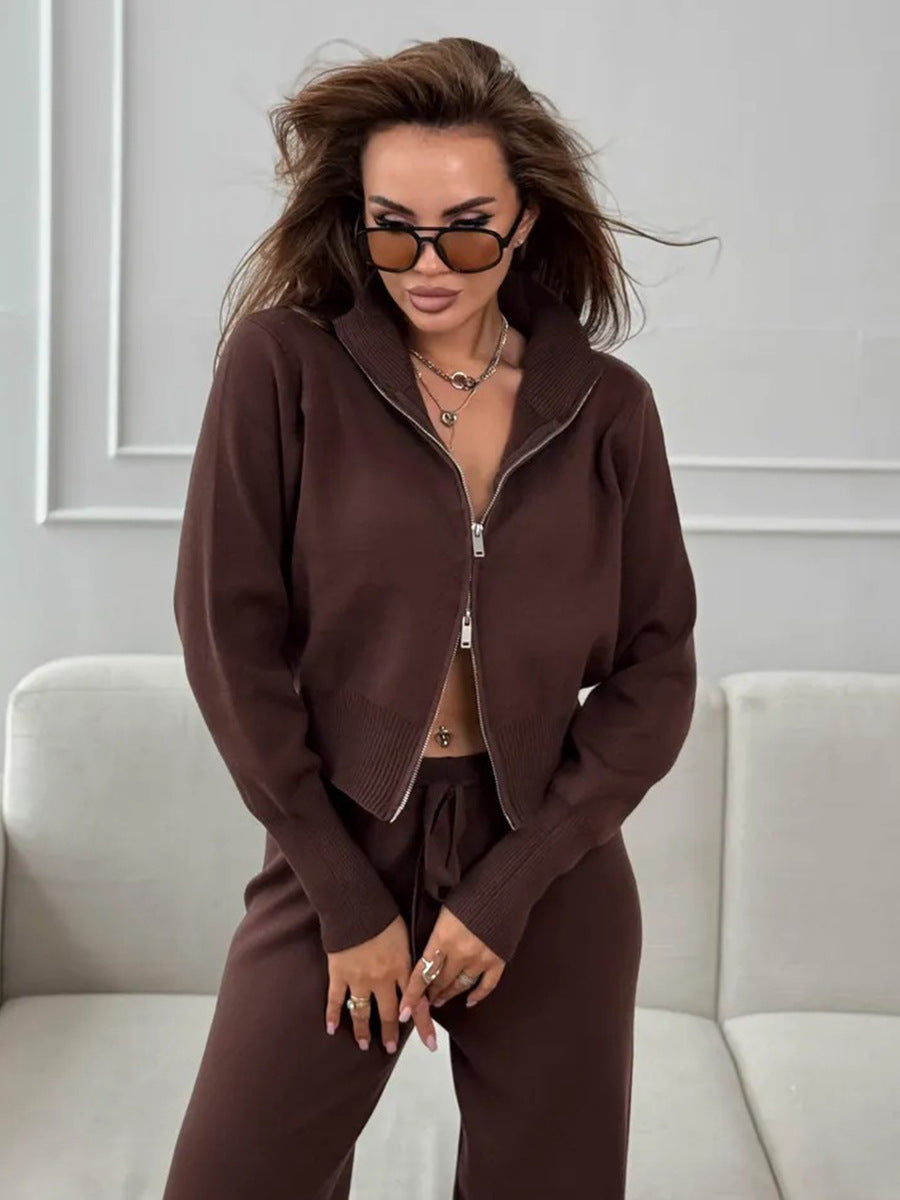 Brown knit 2 piece outfit featuring wide leg pants and zip jacket