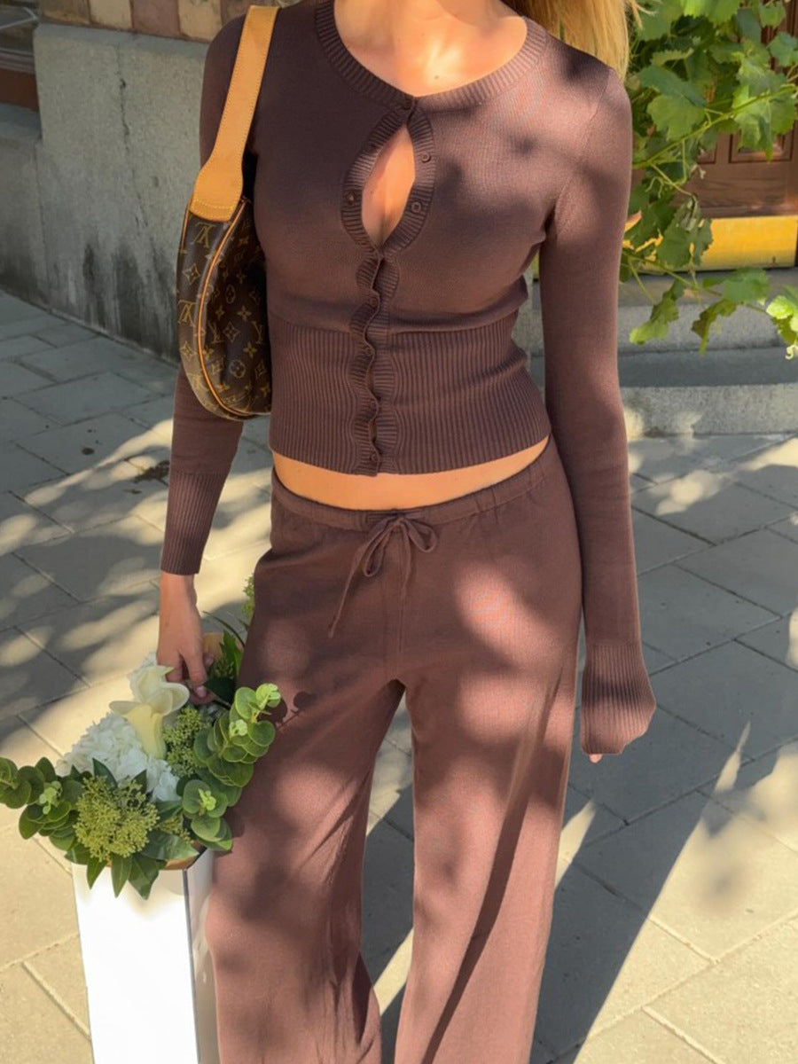 Close-up of brown knit cardigan with soft viscose fabric
