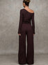 brown knit co ord set back view with long sleeve top and wide leg pants