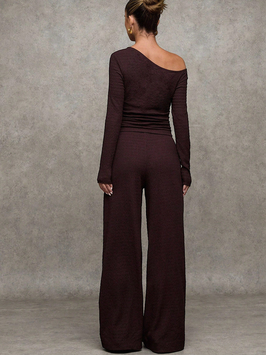brown knit co ord set back view with long sleeve top and wide leg pants