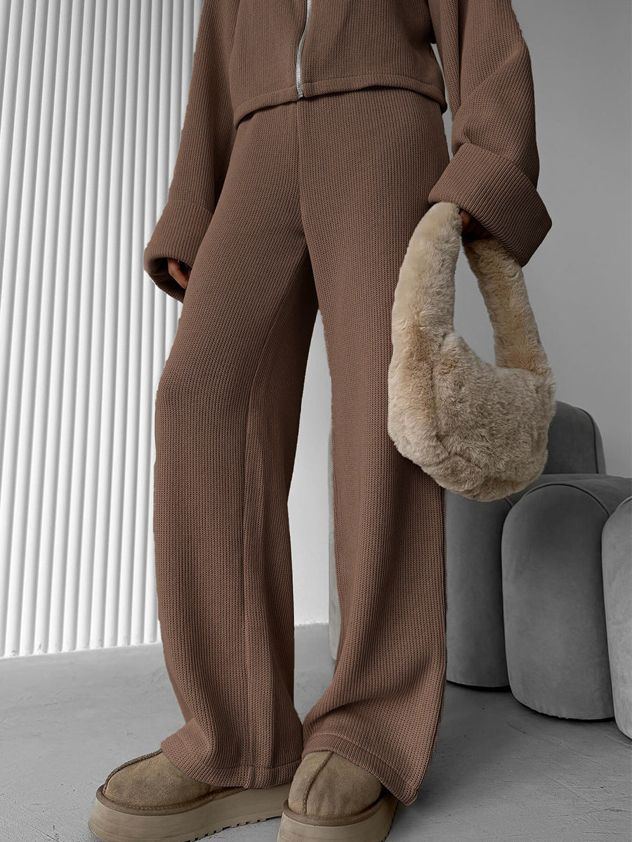 Close up of relaxed brown knit lounge set with oversized sleeves