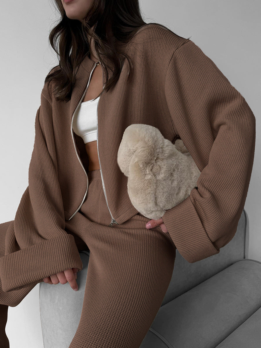 Side view of cozy brown knit lounge set with zip jacket and pants