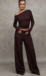 brown ladies 2 piece set with off shoulder top and wide leg pants front pose