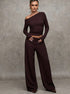brown ladies 2 piece set with off shoulder top and wide leg pants front pose