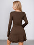 brown long sleeve mini dress back view fitted silhouette