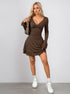brown long sleeve mini dress ruched waist full body outfit