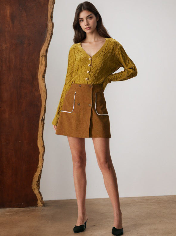 brown mini a-line skirt elegant fall outfit full body