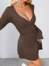 brown mini dress with ruched waist and deep v neckline side angle