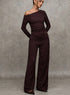 brown off shoulder ladies co ord set with wide leg pants front view