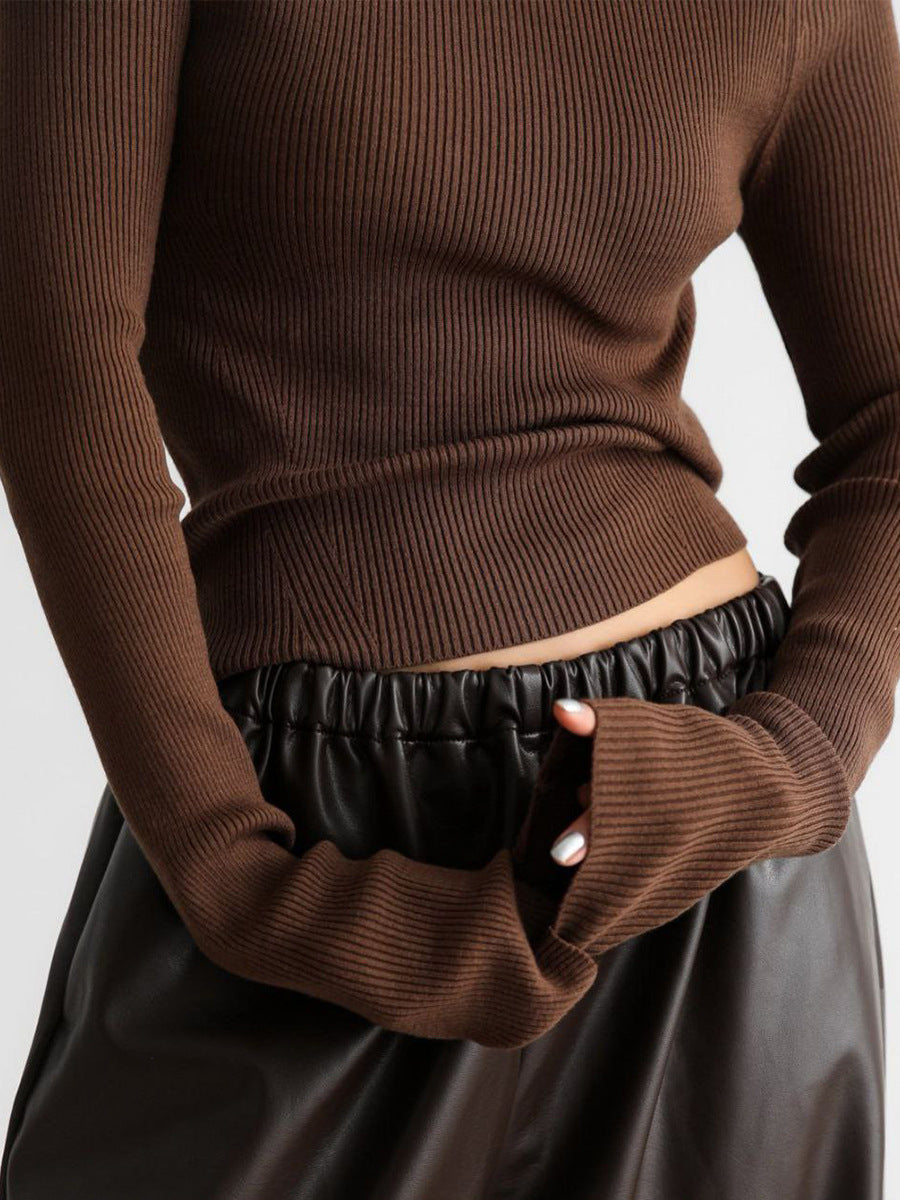 Brown PU leather women’s pants with ribbed knit top