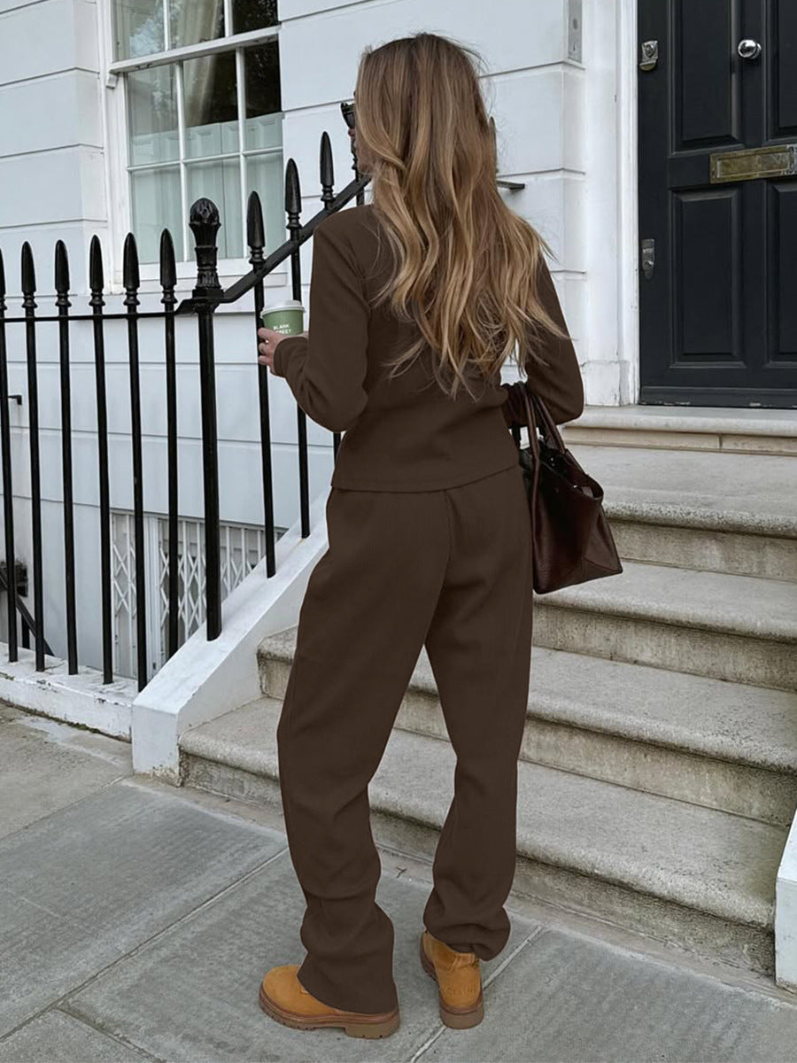 back view of brown ribbed co ord set worn by model outdoors
