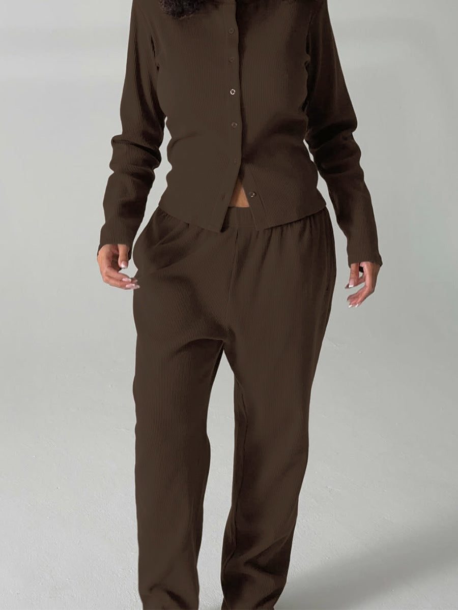 brown ribbed co ord set worn by model full body front view