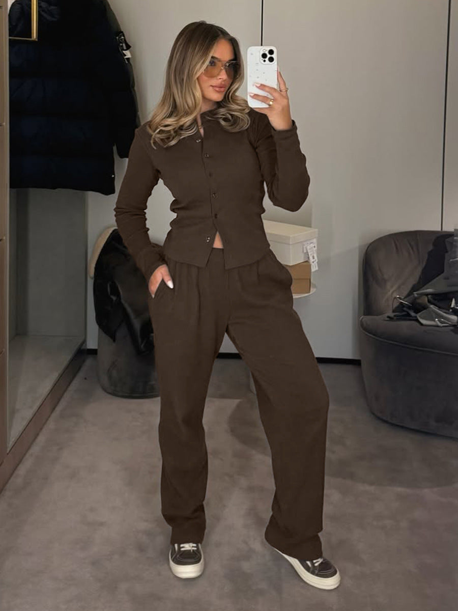 brown ribbed crop cardigan and pants worn by model indoors mirror selfie