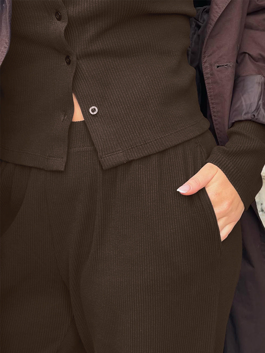 close-up of brown ribbed wide leg pants pocket and texture