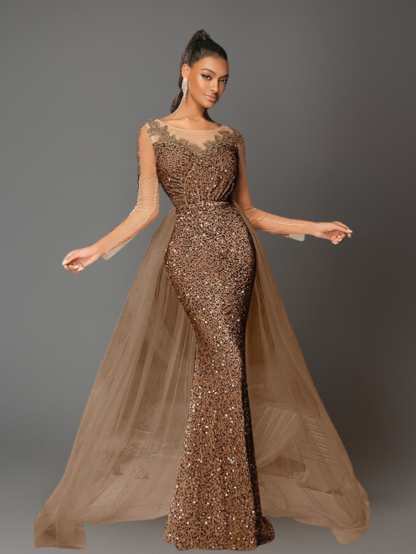 Woman wearing a brown long, elegant sequin mermaid dress on a gray background
