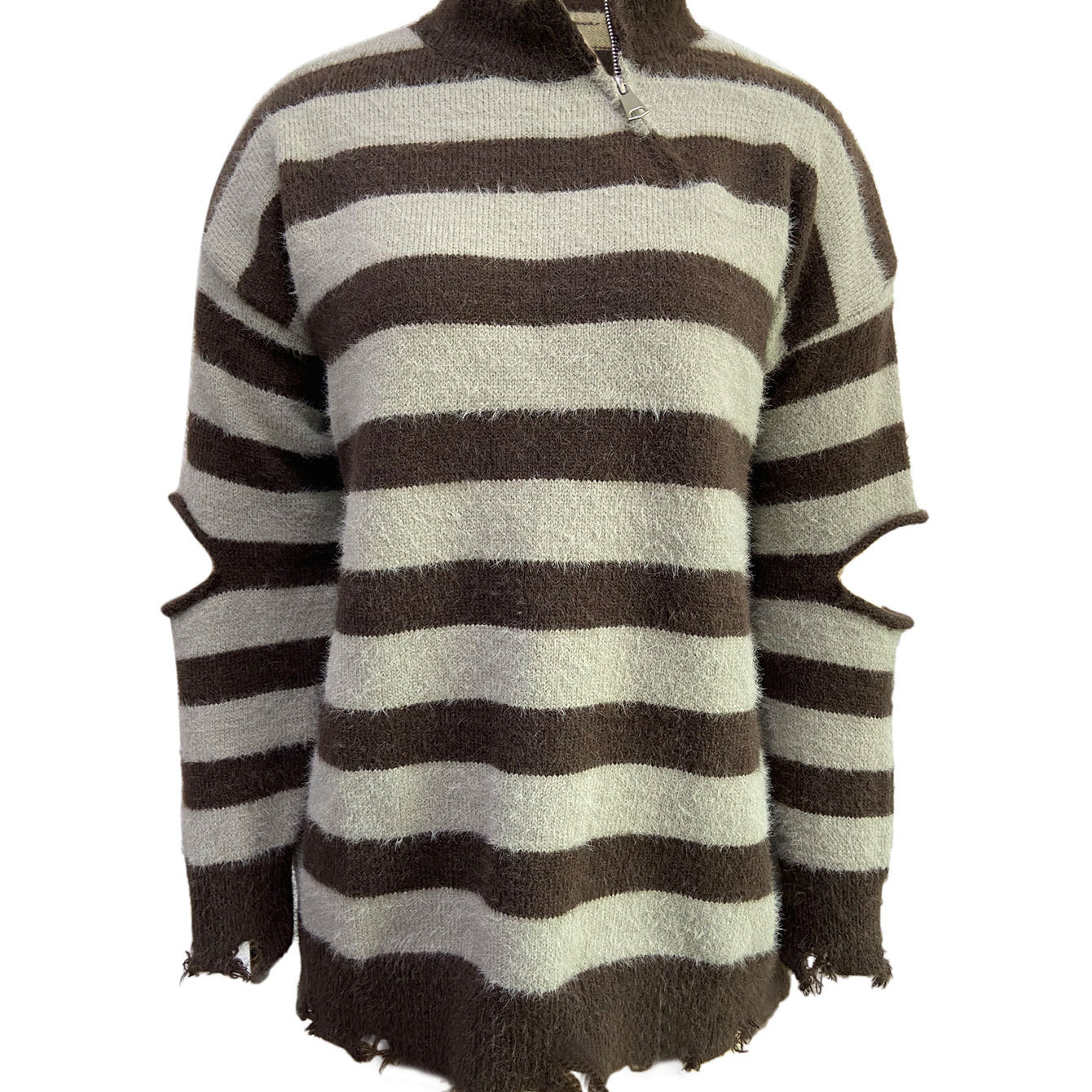 brown striped quarter zip sweater with distressed hem and cutout sleeves