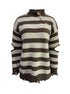 brown striped quarter zip sweater with distressed hem and cutout sleeves