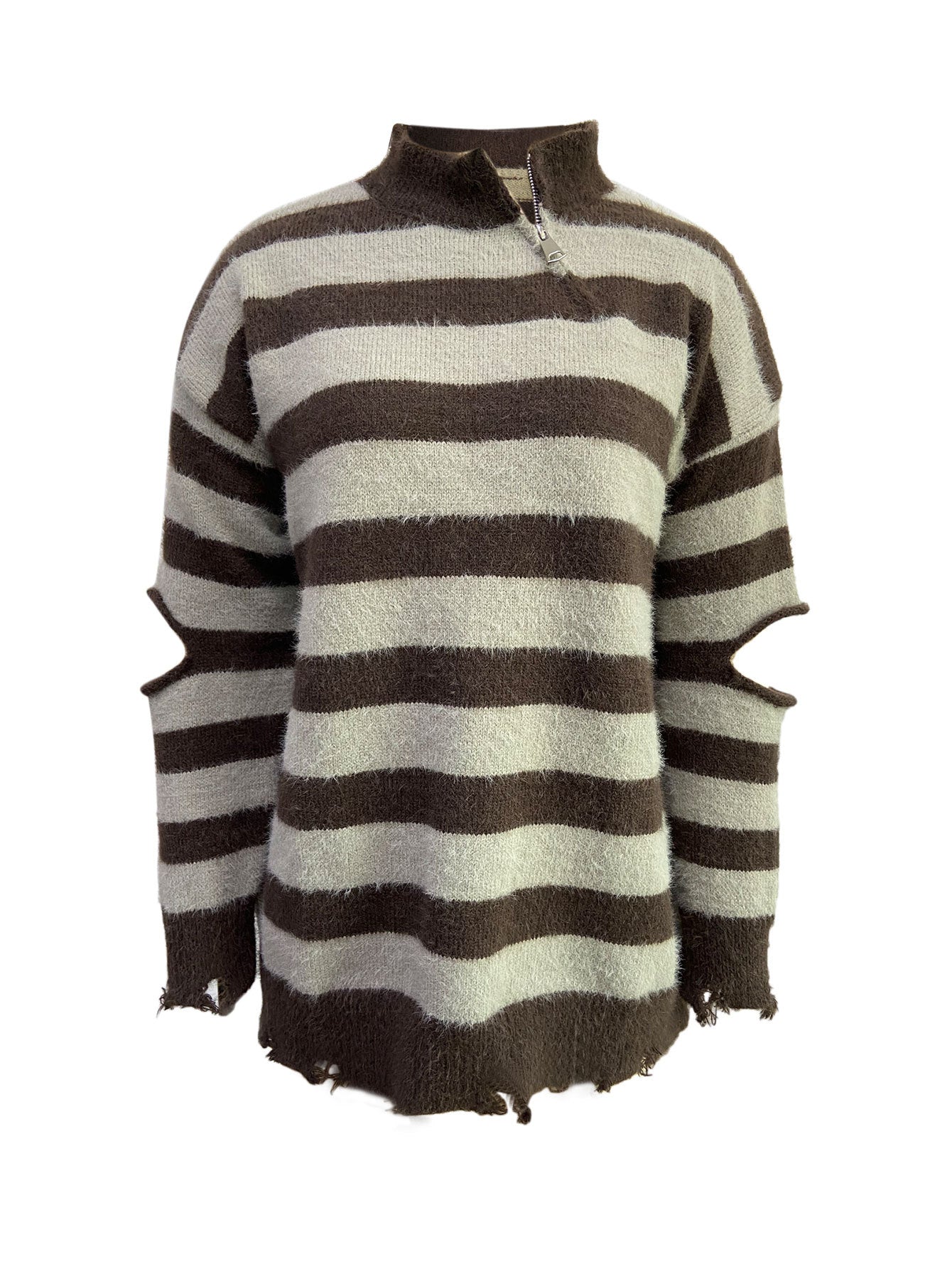 brown striped quarter zip sweater with distressed hem and cutout sleeves