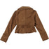 brown suede jacket back view laid flat on white surface