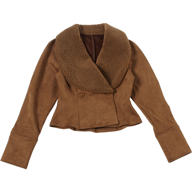 brown suede jacket front view laid flat on white surface