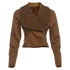 Brown suede jacket front view laid flat on white surface