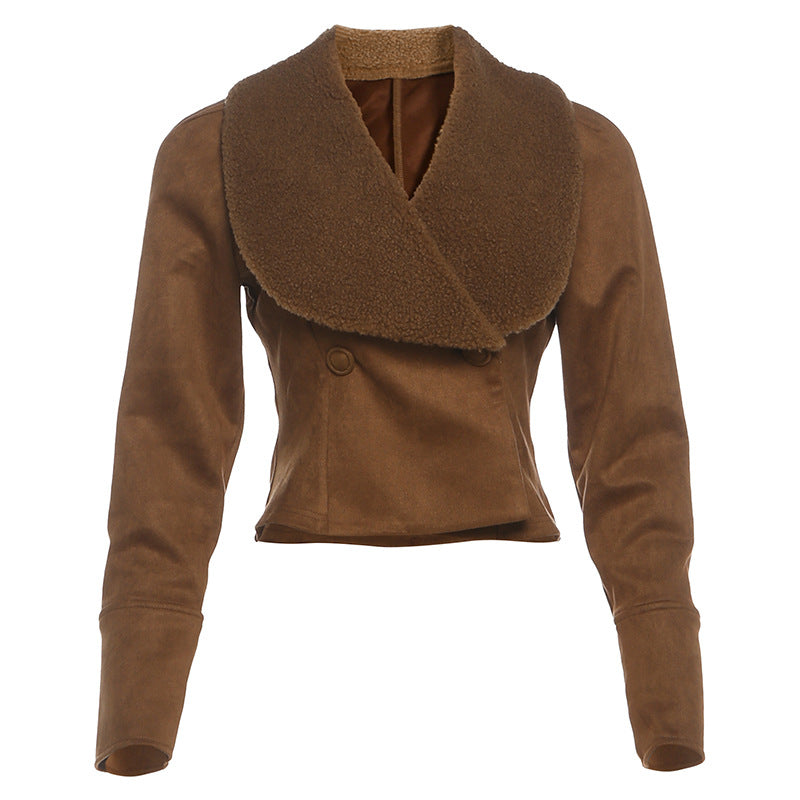 Brown suede jacket front view laid flat on white surface