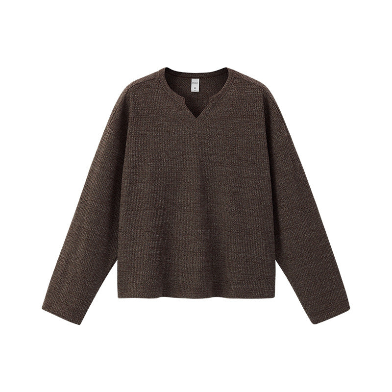 Brown V-neck long sleeve t-shirt waffle knit casual top