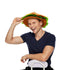 Adult man wearing burger hat for Halloween party
