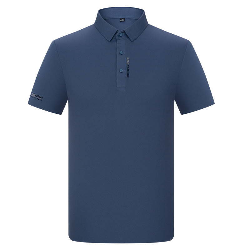 Dark navy polo shirt with minimalist design, featuring short sleeves and vertical G.N.R. FASHION branding along button placket