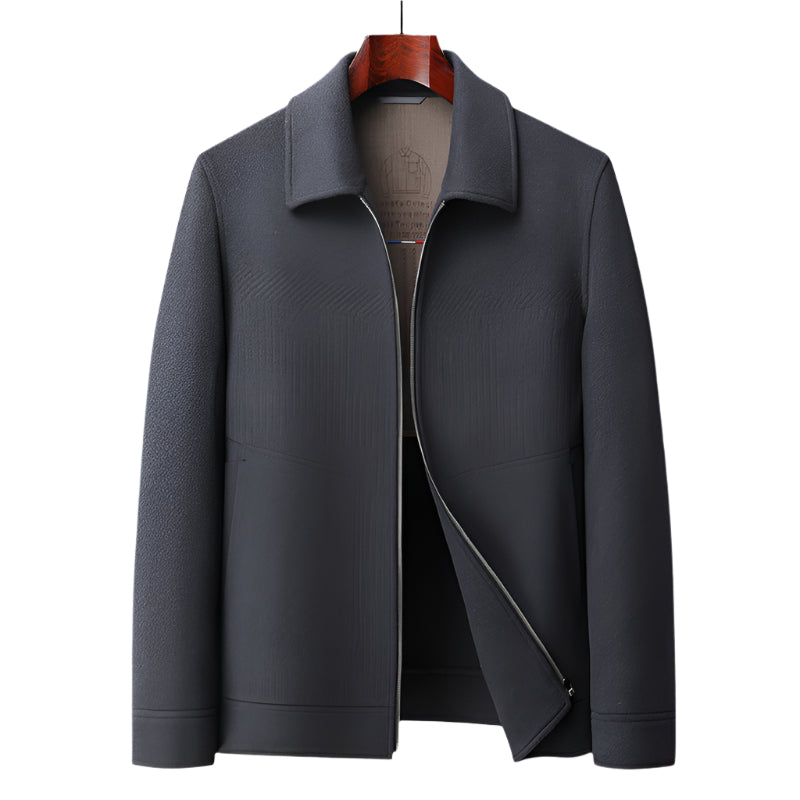 Charcoal gray wool jacket with zippered front and stand collar displayed on wooden hanger