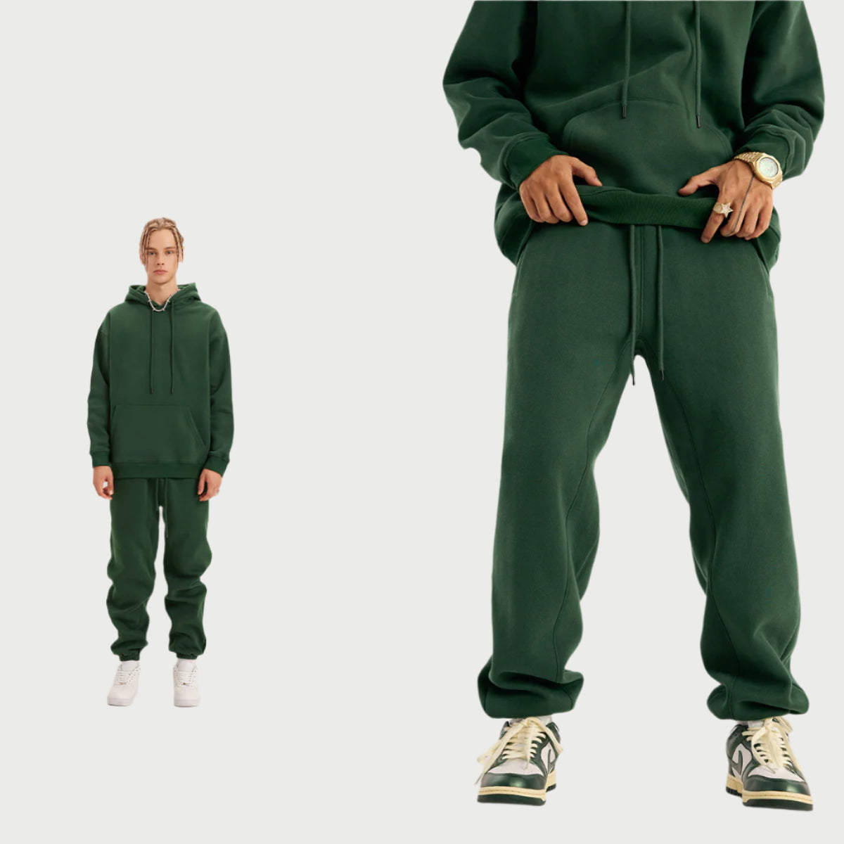 Model wearing charcoal gray hoodie and joggers with white undershirt and beige Jordan sneakers in split-view format