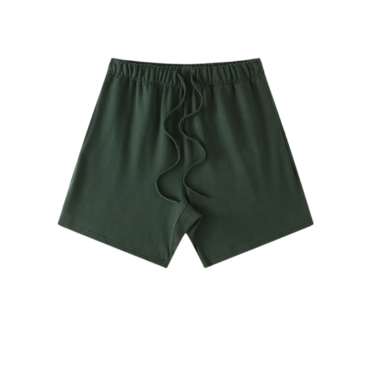 Forest green cotton shorts with elastic waistband and drawstring, displayed flat against white background
