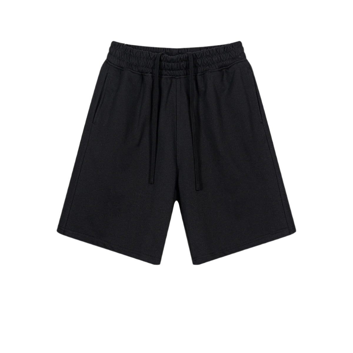 Black cotton shorts with elastic waistband and twin drawstring ties, featuring a relaxed fit and clean minimal design against white background