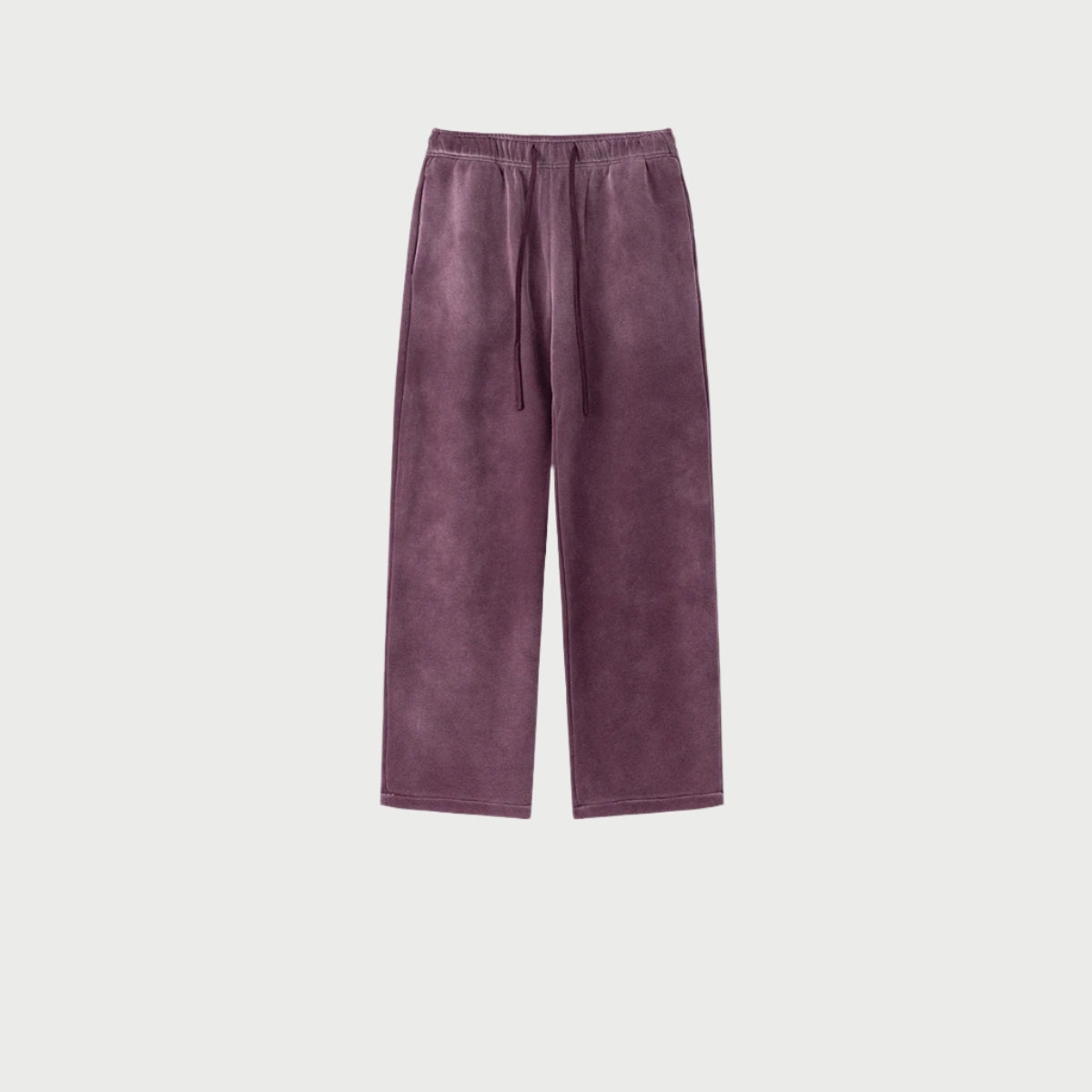 Purple wide-leg sweatpants with drawstring waist displayed against light gray background