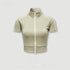 Olive green mock neck crop top with front zip and white sleeve stripes