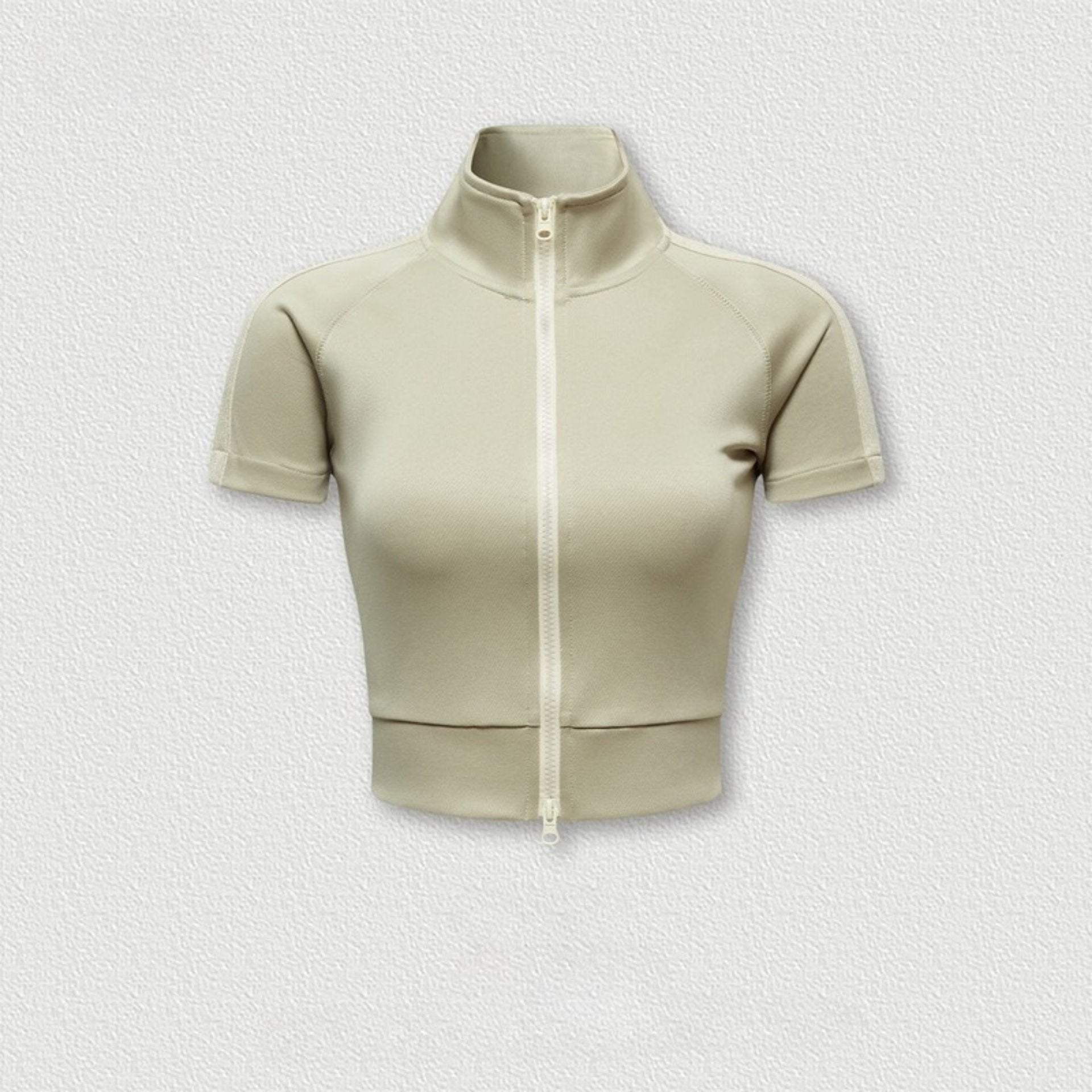 Olive green mock neck crop top with front zip and white sleeve stripes