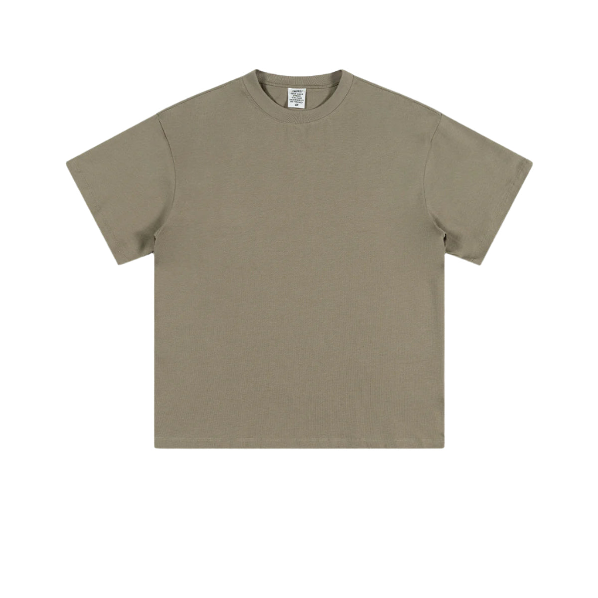 Taupe crew neck t-shirt with short sleeves and relaxed fit, displayed flat against white background