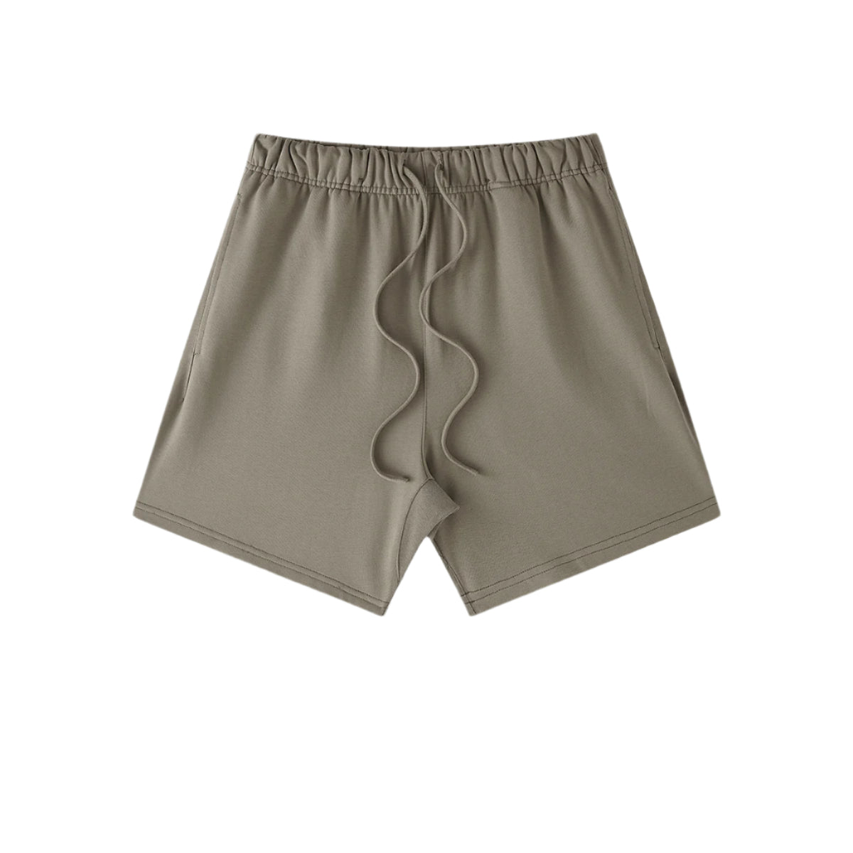 Light gray cotton shorts with elastic waistband and drawstring ties, displayed flat against white background