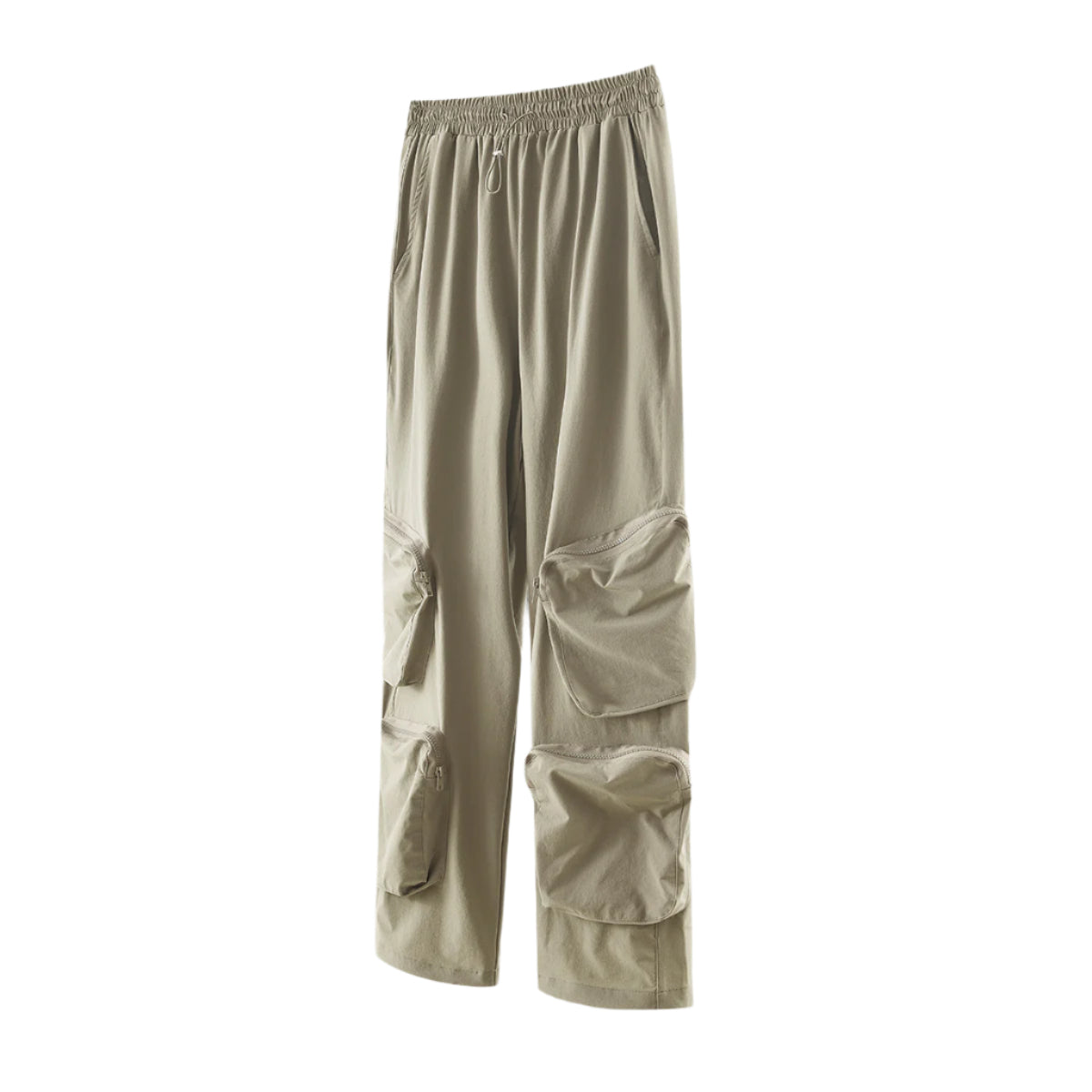 Taupe/beige cargo pants with zippered utility pockets on white background